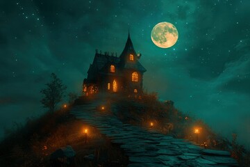 Witch house on the hill. Halloween background for festive design mockup. Moon and stars, glowing, paving stones - generative ai