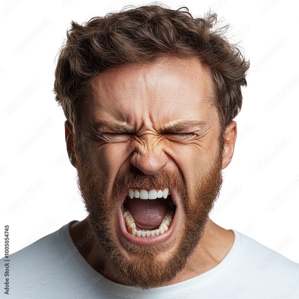 Poster a man with a beard and a red face is yelling