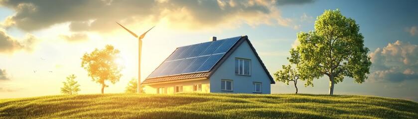 Fototapeta premium A stunning house equipped with solar panels on the roof promoting renewable energy and ecofriendly living house with on the roof