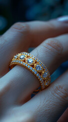 Close-up of Woman&rsquo;s Hand Wearing Gold Ring with Diamonds, Subtle View of Lips &ndash; Elegant Jewelry Detail