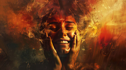 Obraz premium A visual of a person showing complex, multi-layered emotions, such as joy mixed with sadness.