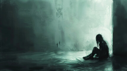 Obraz premium A visual of a person sitting alone in a dimly lit room, their posture reflecting fear and loneliness.