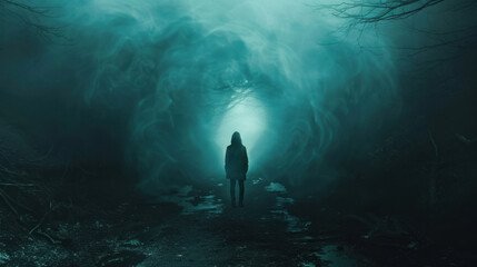 Fototapeta premium A visual of a person standing in front of a dark, foggy path, symbolizing fear of the unknown.