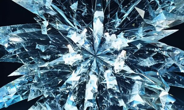A dazzling, crystalline ice explosion with shards sparkling like diamonds, set against a deep, velvety black background