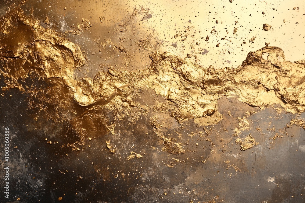 Poster golden abstract art with splashes and textures creating a rich visual experience on a dark backgroun