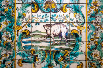 Traditional Portuguese tiles called azulejo, as seen in museum in Lisbon, Portugal