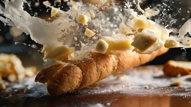 Slow Motion Bread Breaking with Flour and Cheese Explosion