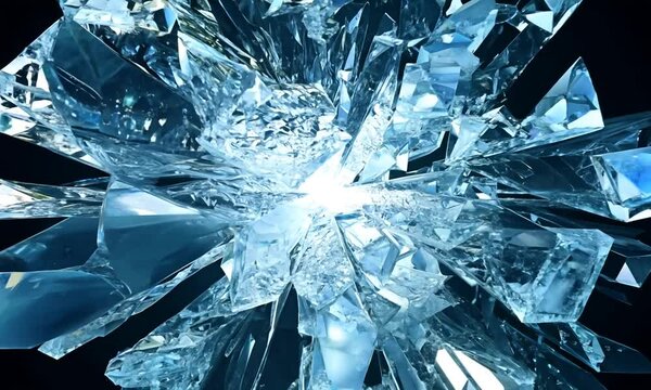 A dazzling, crystalline ice explosion with shards sparkling like diamonds, set against a deep, velvety black background