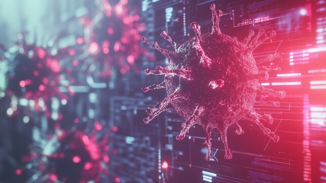 A striking illustration of red and black computer virus threatening digital safety on monitor screen striking of red virus on computer screen highlighting significant cybersecurity threat
