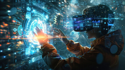 A visual of someone embracing technology after overcoming their fear, confidently using futuristic devices.