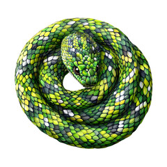 Fototapeta premium Green snake coiled with intricate scales, white isolate background.