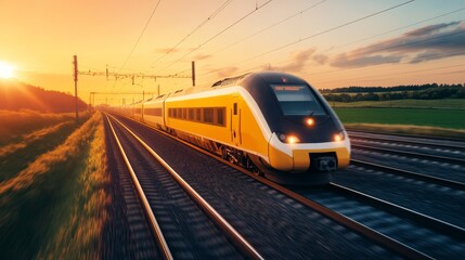 Fototapeta premium High-Speed Train Moving Through Rural Landscape