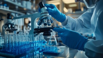 Scientist Adjusting Microscope with Blue Gloves