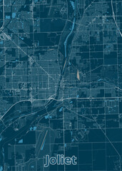 This detailed map showcases the city of Joliet, Illinois, with a dark blue background and white lines representing streets, roads, and waterways.