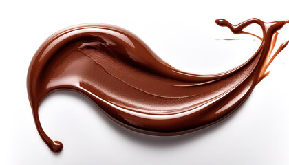 Smear of liquid chocolate flowing on a white background, showing a tempting shine
