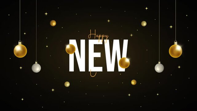 Happy New Year motion design with balls and the stars on the night sky background