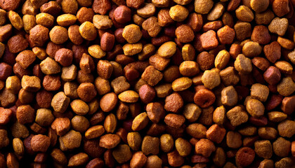 Variety of dry dog food pellets in shades of brown and red