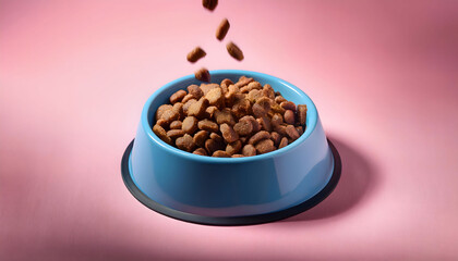 Kibble falling into a blue pet food bowl on a pink background