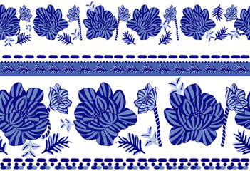 Flower vintage tropical leaf blue seamless pattern illustration.