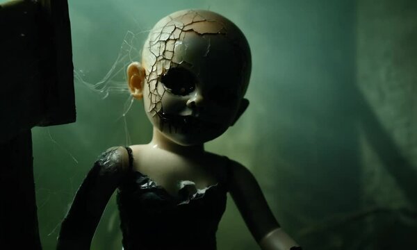 Doll with a creepy face sits on a chair. hyperrealistic Video