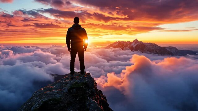 A lone hiker stands on a rocky peak, overlooking a sea of clouds at sunset