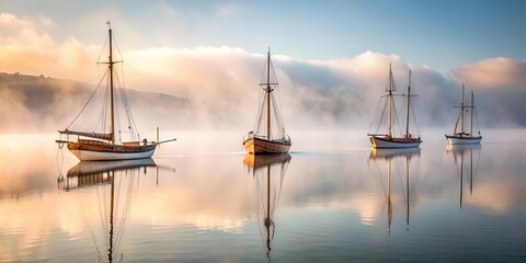Four sailboats stand peacefully on a calm lake, their reflections mirroring the morning mist and soft light