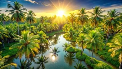 Fototapeta premium Tropical Paradise An Aerial View of Palm Trees and a Winding Waterway Bathed in Golden Sunlight