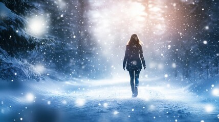 Obraz premium Person walking through a snowy forest, winter wonderland ambiance.