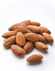 Fototapeta premium A pile of almonds with one nut separated, on a white background.