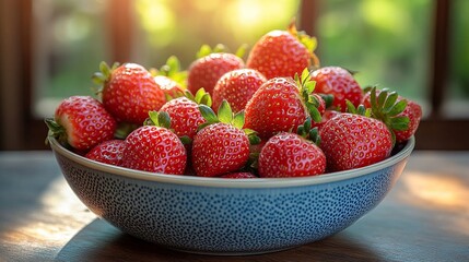 Fresh Organic Strawberries in a Bowl on Rustic Wooden Table with Blurred Nature Background