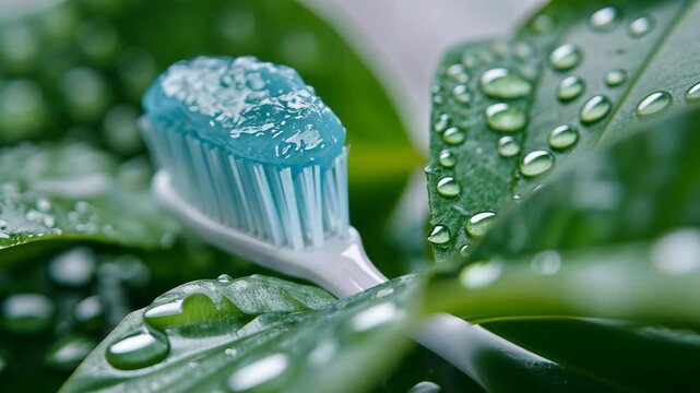 A toothbrush with blue toothpaste sits on a leaf covered in raindrops