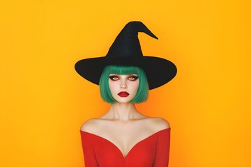 Young elegant woman with green hair in black witch hat isolated on yellow background. Halloween celebration and carnival party concept. Witchcraft fashion. Template with copy space for design