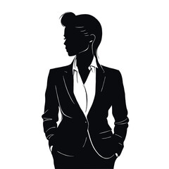 Vector illustration of elegant woman in suit, simple black silhouette on white background with minimalistic design with clean lines and sharp edges