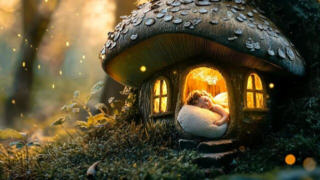 A tiny fairy sleeps soundly in a mushroom house, lit by warm, golden light