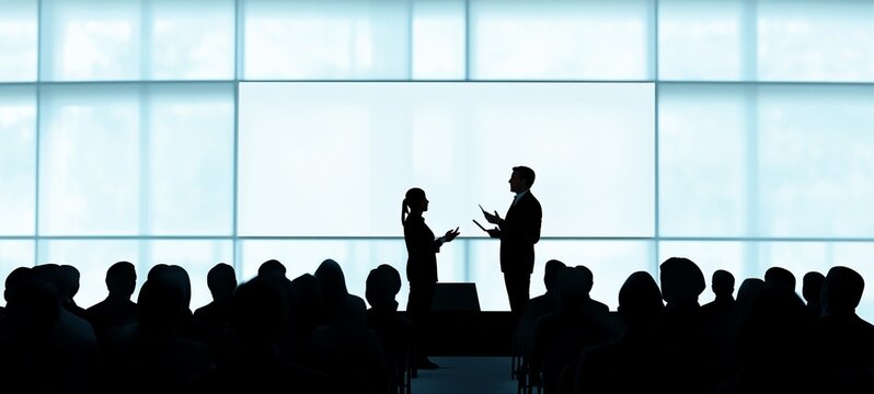 Silhouette of business people at corporate conference or meeting