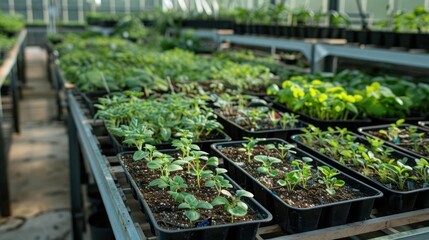 A greenhouse filled with plants in various stages of growth, from seedlings to mature plants