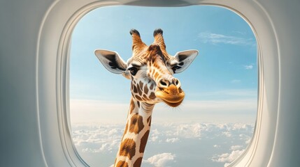 Giraffe looking into airplane window above clouds