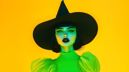 Young woman wearing witch costume and with green skin isolated on yellow background. Evil green witch. Halloween celebration and carnival party. Witchcraft fashion. Banner or poster with copy space