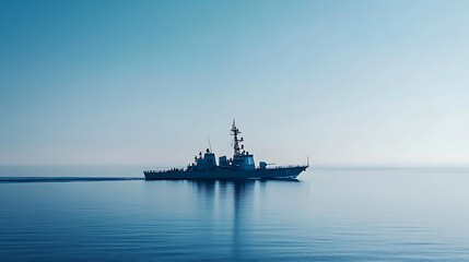 Obraz premium Warship on a Calm Sea Under a Blue Sky