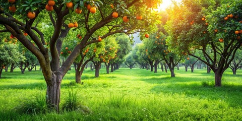 Fototapeta premium Sunlight filters through the leaves of an orange orchard, illuminating the ripe fruit and the verdant grass beneath the trees.