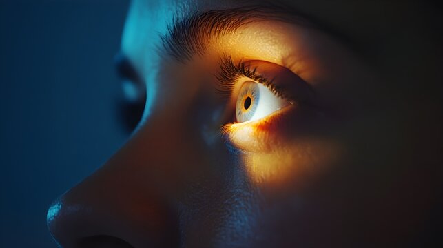 Close-up of a doctor's hand shining a small flashlight into a patient's eye to test pupil reflex, with the patient's face partially visible in a clinical setting 