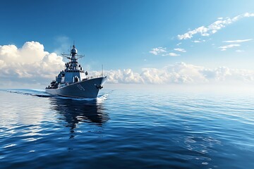 Fototapeta premium Military Warship Sails on a Clear Blue Sea