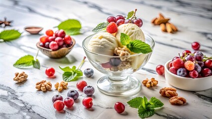 Obraz premium Vanilla ice cream with fresh berries and nuts in a glass bowl on a white marble surface