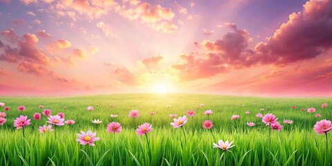Obraz premium A serene landscape with a vibrant pink sunset over a field of delicate flowers, capturing the beauty of nature's gentle embrace.