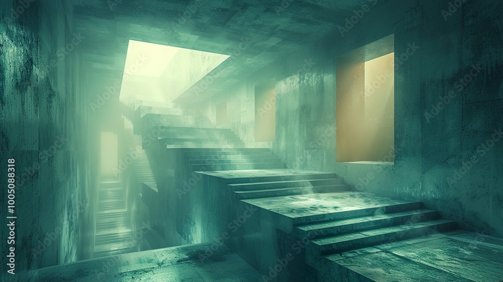 Poster Abstract Concrete Staircase with Fog and Light