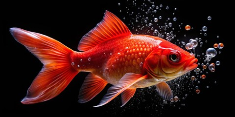 Fototapeta premium A vibrant red goldfish swims through a cascade of iridescent bubbles against a stark black background.