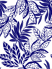 Leaf tropical blue pattern seamless illustration.