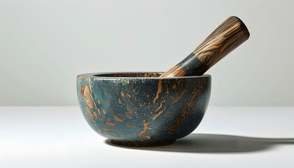 Wooden Mortar and Pestle  Kitchen Utensil   Handcrafted  Green and Gold