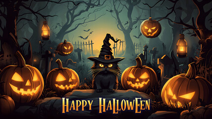 Happy Halloween heading, spooky creatures, typical Halloween elements, pumpkins, candles etc. Cool design for your Halloween party invitation, greeting cards, banner, wallpapers, poster etc.