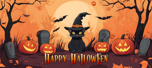 Happy Halloween heading, spooky creatures, typical Halloween elements, pumpkins, candles etc. Cool design for your Halloween party invitation, greeting cards, banner, wallpapers, poster etc.
